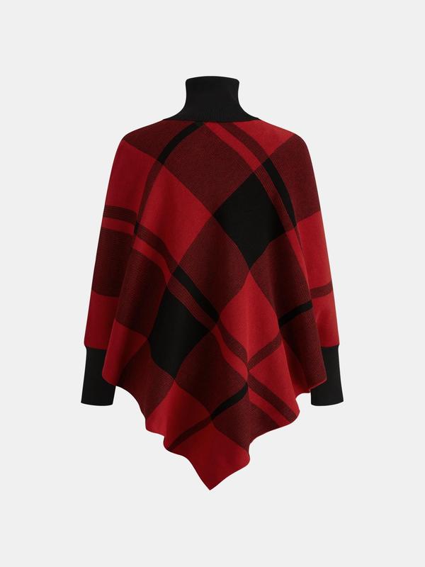 YOZY Women's Plaid Print Batwing Sleeve Split Sweater, Casual Asymmetrical Hem High Neck Long Sleeve Jumper for Fall & Winter, Fashion Ladies' Knitwear for Daily Wear