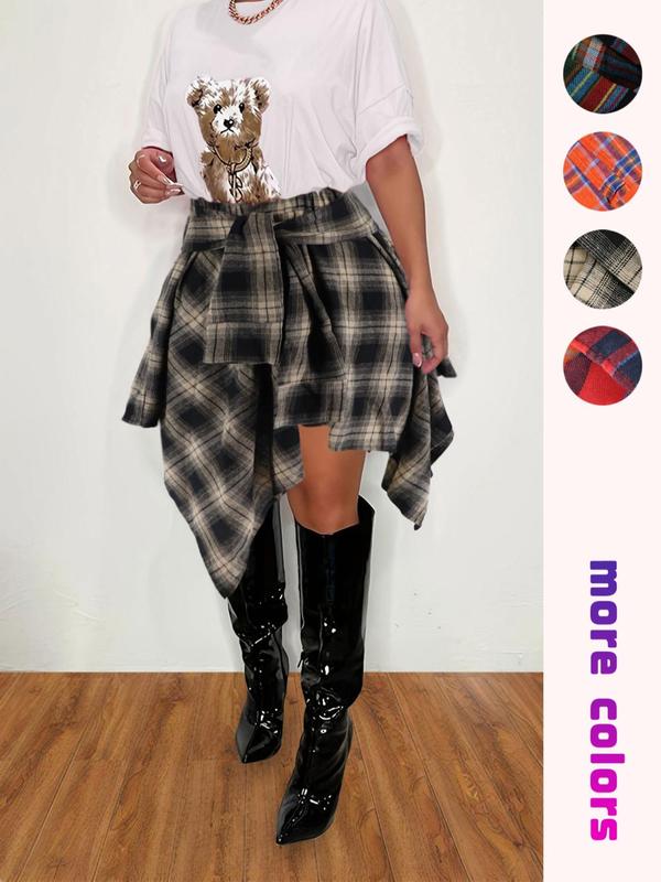 [Plus Size] Plaid Print Asymmetrical Hem Skirt, Casual Knee Length Skirt for Fall & Winter, Women's Bottoms for Daily Wear Womenswear Comfort