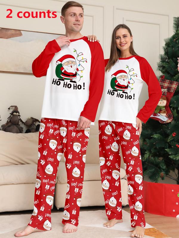 Christmas Themed Cartoon Print Pajamas Two-piece Set, Casual Comfortable Long Sleeve Top & Elastic Waist Pants Pajama Set, Men & Women's Sleepwear for Spring & Fall