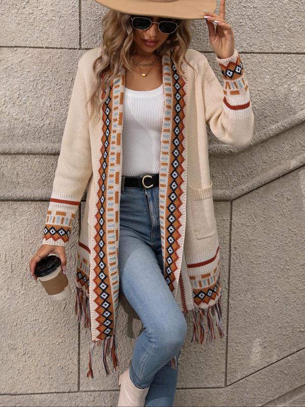 Women's Ethnic Pattern Fringe Trim Pocket Open Front Cardigan, Fall Outfits, Earthtone Fallfreshness, Boho Long Sleeve Outerwear For Fall, Back To School Women's Knitwear Top For Daily Wear