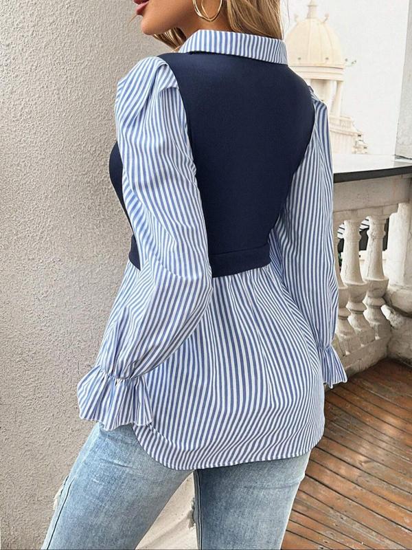 Women's Striped Print 2 In 1 Curved Hem Blouse, Elegant Button Front Flounce Sleeve Top for Fall & Winter, Women's Clothing for Daily Wear