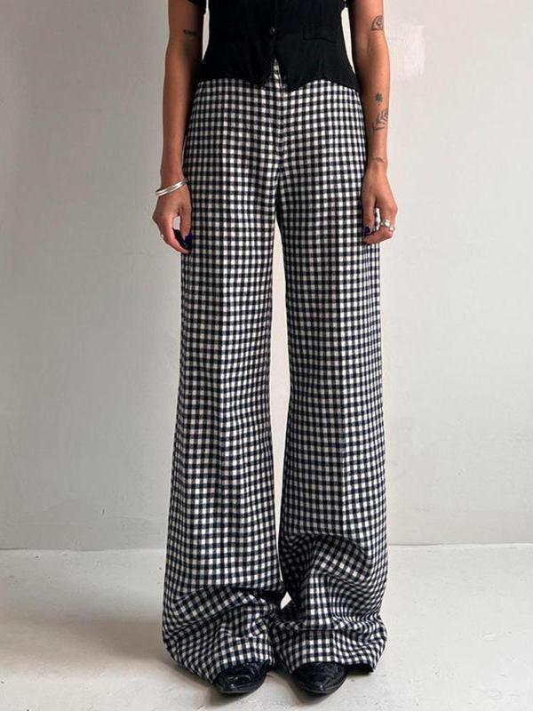 Women's Plaid Print Button Fly Wide Leg Pants, Casual Comfy Pocket Design Trousers for Daily Wear, Ladies Bottoms for All Seasons