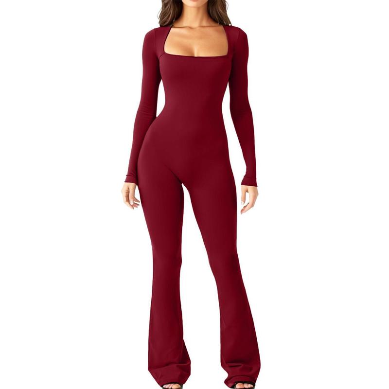 Women Long Sleeve Belly Waist Shaping and Hip Lift Square Collar Wide Leg High Elastic Jumpsuit