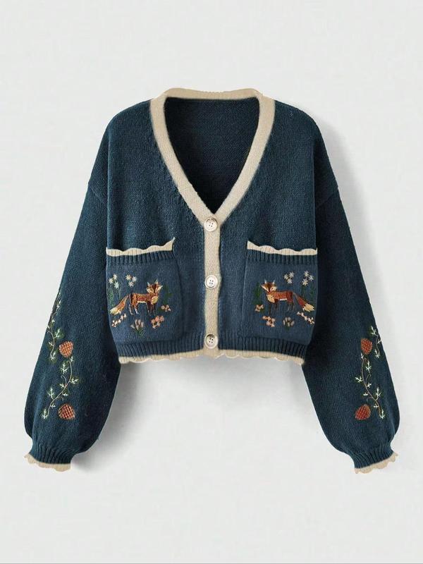 Women's Floral & Fox Embroidery Contrast Binding Cardigan, Fashion Scallop Trim Long Sleeve Pocket Knitwear, Fall Cardigan for Women, Back To School Women's Knit Clothing for Daily Wear