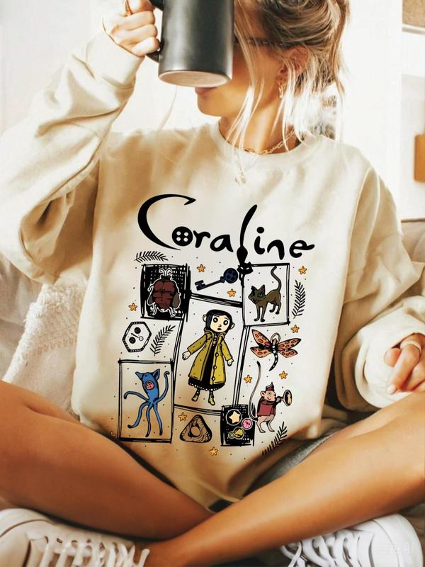 Women's Cartoon Coraline Graphic Print Crew Neck Sweatshirt, Casual Long Sleeve Pullover, Women's Fall & Winter Clothes for Daily Wear