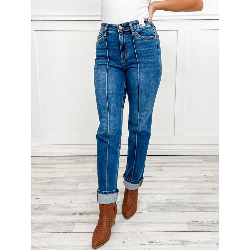 Judy Blue BETTER THAN REVENGE Hi-Rise Seam Detail and Cuffed Straight Jeans