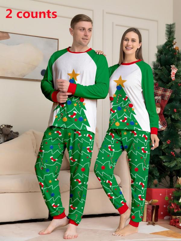 Christmas Themed Cartoon Print Pajamas Two-piece Set, Casual Comfortable Long Sleeve Top & Elastic Waist Pants Pajama Set, Men & Women's Sleepwear for Spring & Fall