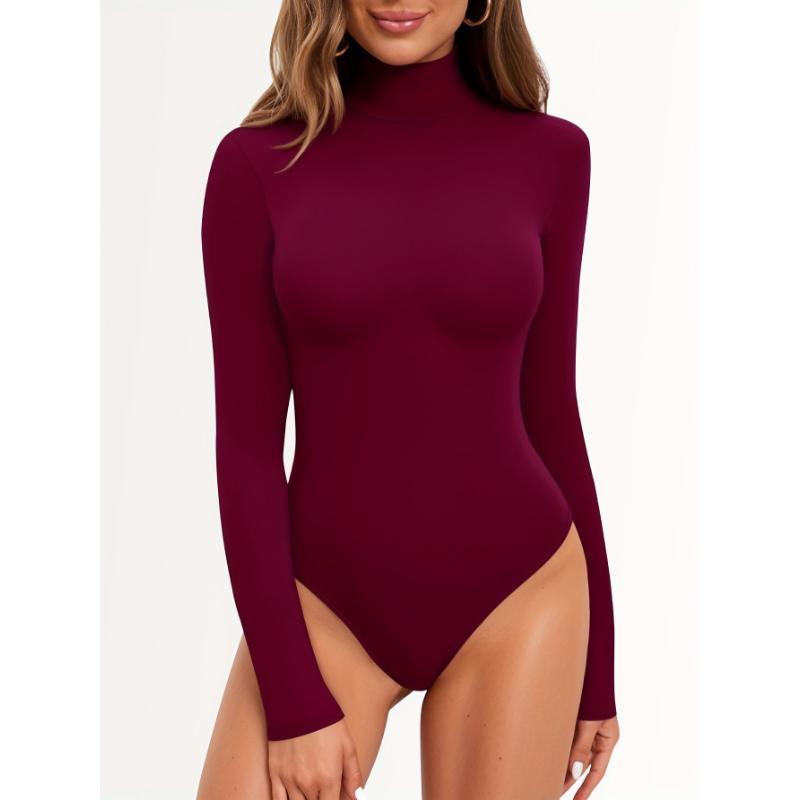 Solid Mock Neck Bodysuit, Elegant Long Sleeve Skinny Bodysuit For Spring & Fall, Women's Clothing