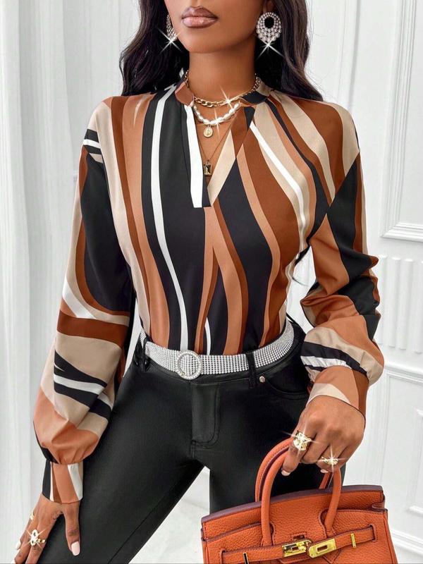 Women's All Over Print Notched Neck Blouse, Elegant Drop Shoulder Long Sleeve Top for Spring & Fall, Women's Clothing for Daily Wear