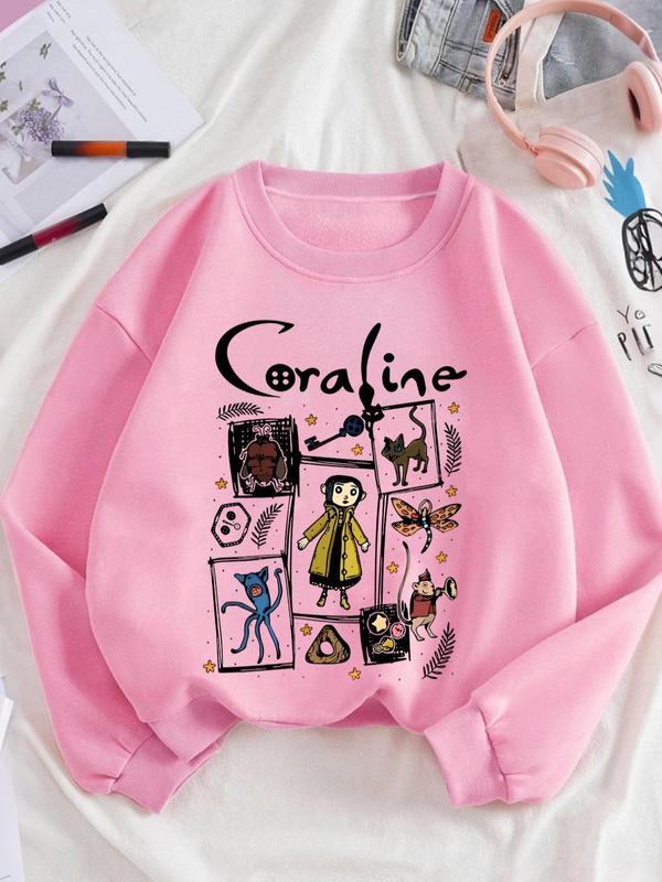 Women's Cartoon Coraline Graphic Print Crew Neck Sweatshirt, Casual Long Sleeve Pullover, Women's Fall & Winter Clothes for Daily Wear