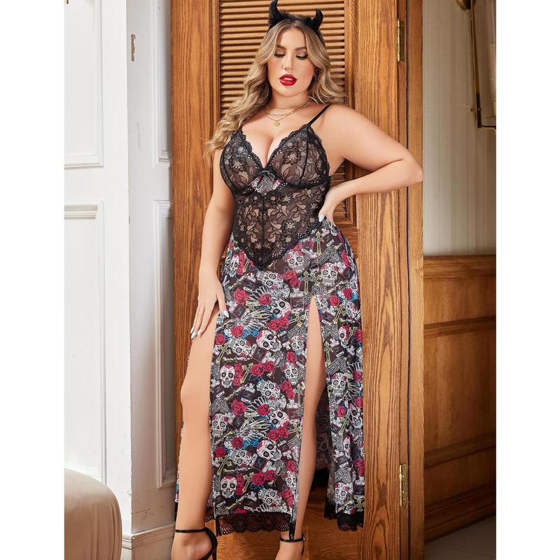 Plus Size Lingerie For Women Babydoll Sexy Mesh Maxi Nightdress Strappy Exotic Sleepwear Side Slits