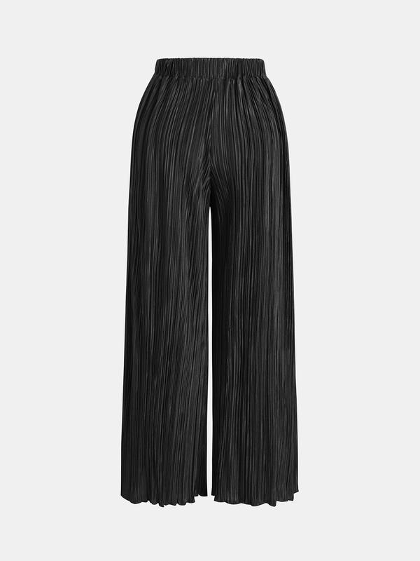 YOZY Women's Solid Textured Elastic Waist Wide Leg Pants, Casual Comfy Trousers for Fall & Winter, Women's Bottoms for Daily Wear