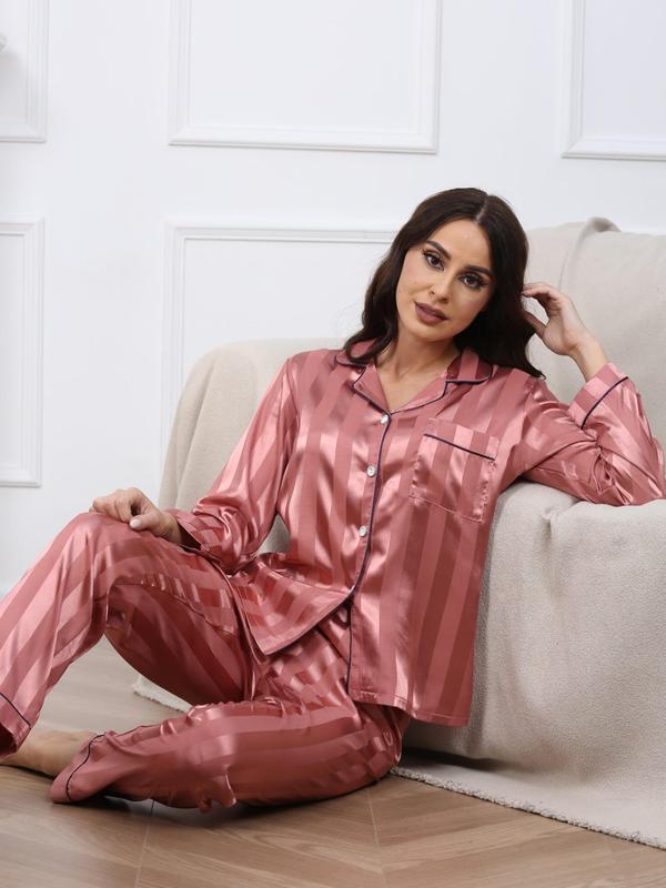 Two-piece Set Women's Satin Pyjama Set, Contrast Binding Button Front Shirts & Elastic Waist Pants, Women's Sleepwear for Spring & Fall, Pj Sets for Women, Women's 2 Piece Sets, Fall Wear 2024