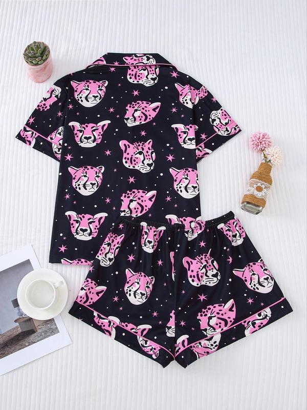 Two-piece Set Women's Animal Print Pocket Shirt & Elastic Waist Shorts Pajama, Casual Comfy Short Sleeve Collared Top & Shorts Pajama Set, Ladies Sleepwear for All Seasons