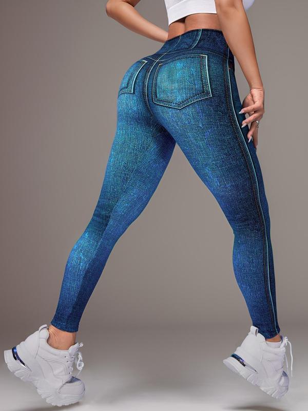 Women's Denim-effect Print High Waist Shapewear Leggings, Casual Comfy Breathable Skinny Pants for Daily Wear, Ladies Shapewear Bottoms for All Seasons