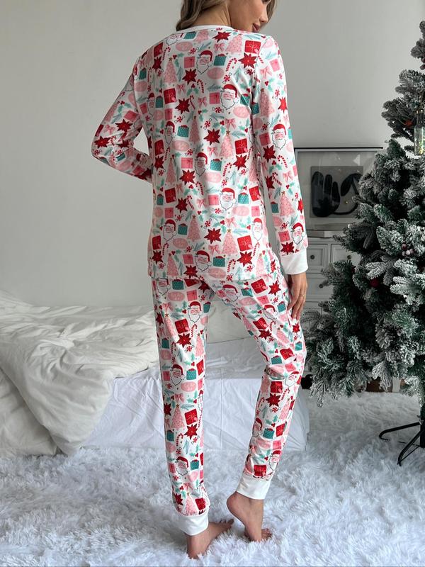 Women's Christmas Print Button Front Lounge Set, Casual Comfortable Long Sleeve Top & Elastic Waist Pants Loungewear Set, Ladies Sleepwear for Spring & Fall