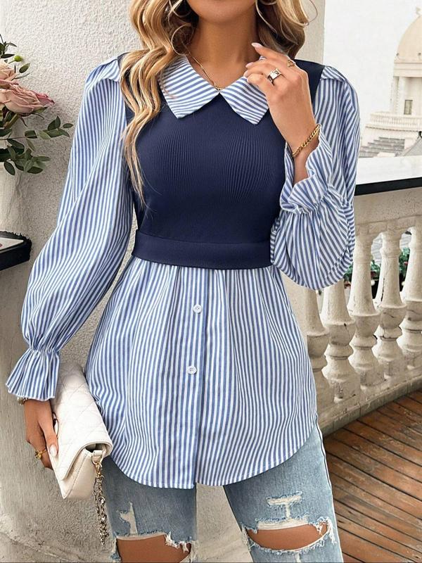 Women's Striped Print 2 In 1 Curved Hem Blouse, Elegant Button Front Flounce Sleeve Top for Fall & Winter, Women's Clothing for Daily Wear