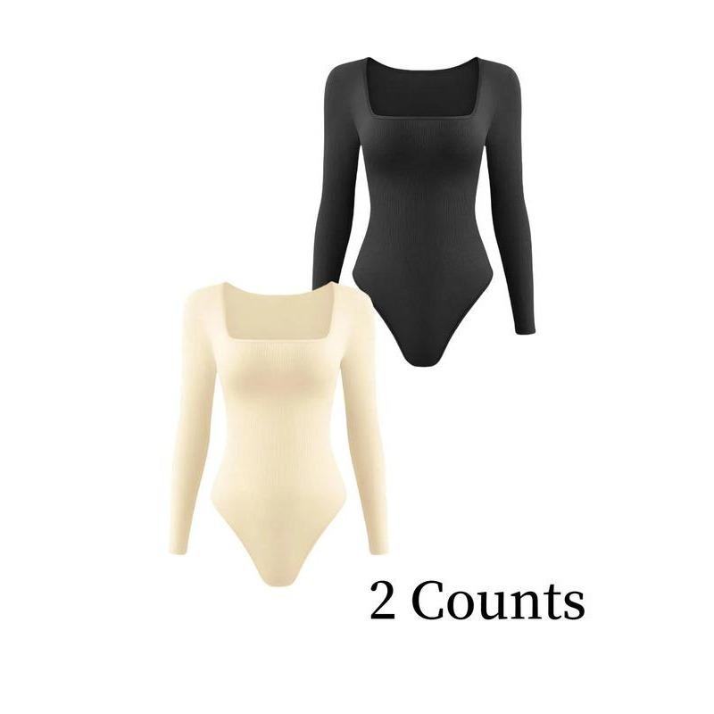 Women's Solid Square Neck Long Sleeve Shapewear Bodysuit, Casual Comfy Tummy Control Shaper for Daily Wear, Ladies Shapewear for All Seasons yoga  outfits