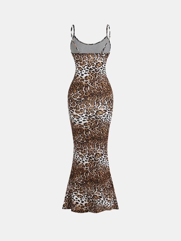 YOZY Women's Leopard Print Backless Cami Mermaid Dress, Adjustable Strap Sleeveless Maxi Dress for Party Club Dating Wear, Ladies Clothes for All Seasons