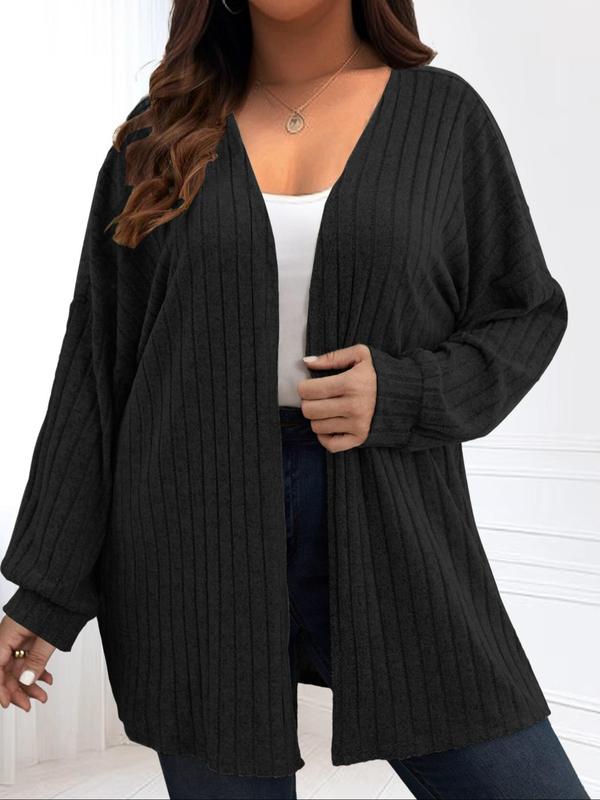  Solid Drop Shoulder Long Sleeve Cardigan, Casual Open Front Rib Cardigan for Fall & Winter, Women's Plus Clothing for Daily Wear