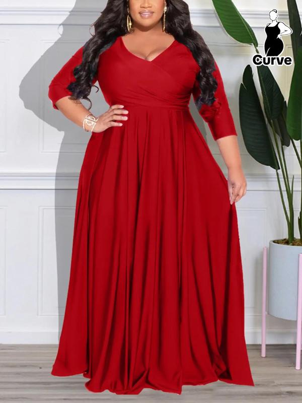 Plus Size Plain Wrap Plicated V Neck A Line Dress, Elegant Long Sleeve Drop Shoulder Dress for Wedding Guest, Summer Outfits 2024, Women Plus Clothing