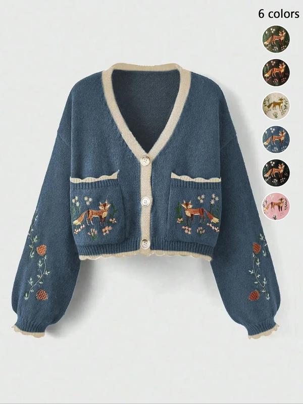 Women's Floral & Fox Embroidery Contrast Binding Cardigan, Fashion Scallop Trim Long Sleeve Pocket Knitwear, Fall Cardigan for Women, Back To School Women's Knit Clothing for Daily Wear