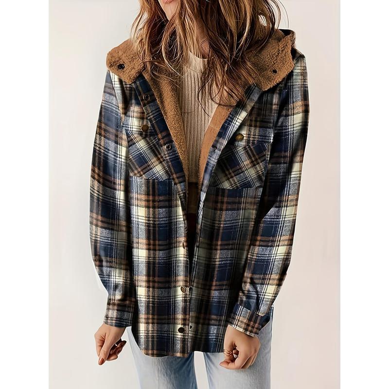 Long Sleeve Warm Plaid Pattern Zip Up Casual Hooded Jacket, Women's Clothing