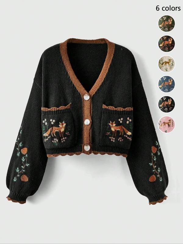 Women's Floral & Fox Embroidery Contrast Binding Cardigan, Fashion Scallop Trim Long Sleeve Pocket Knitwear, Fall Cardigan for Women, Back To School Women's Knit Clothing for Daily Wear