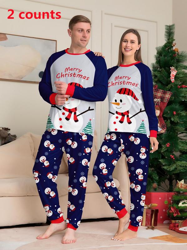 Christmas Themed Cartoon Print Pajamas Two-piece Set, Casual Comfortable Long Sleeve Top & Elastic Waist Pants Pajama Set, Men & Women's Sleepwear for Spring & Fall