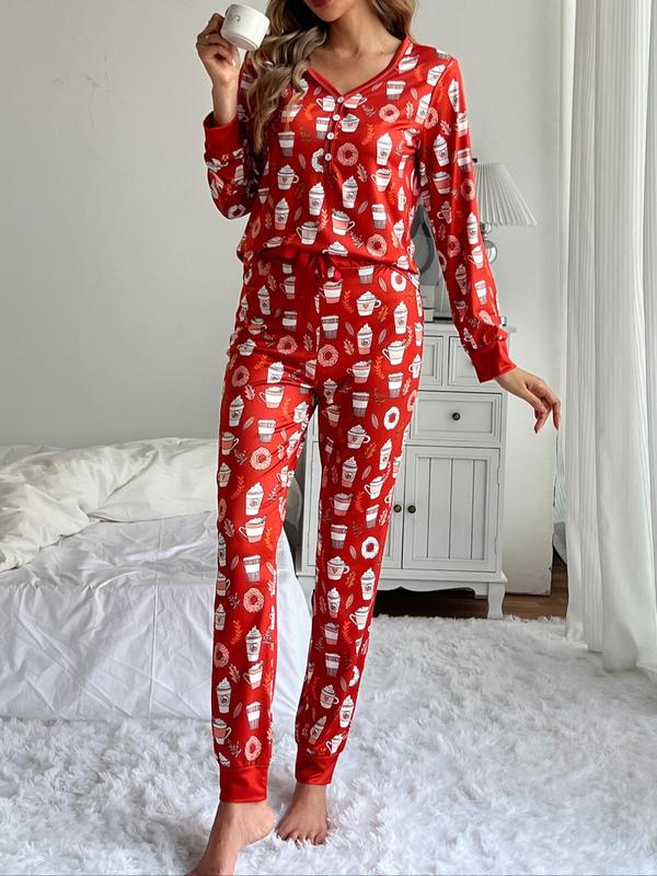 Women's Christmas Print Button Front Lounge Set, Casual Comfortable Long Sleeve Top & Elastic Waist Pants Loungewear Set, Ladies Sleepwear for Spring & Fall