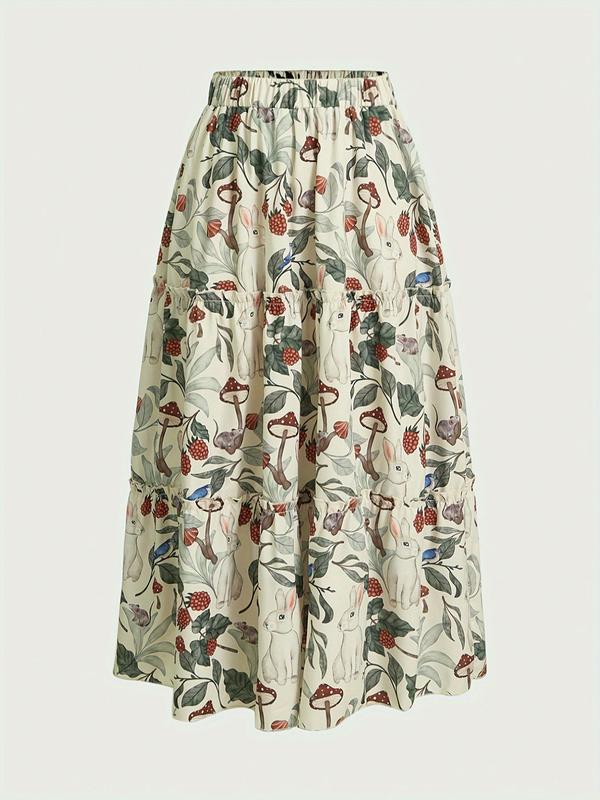 Women's Plants & Bird Print Elastic Waist Skirt, Casual Fashion Long Flared Skirt for Daily Wear, Ladies Spring & Fall Bottoms