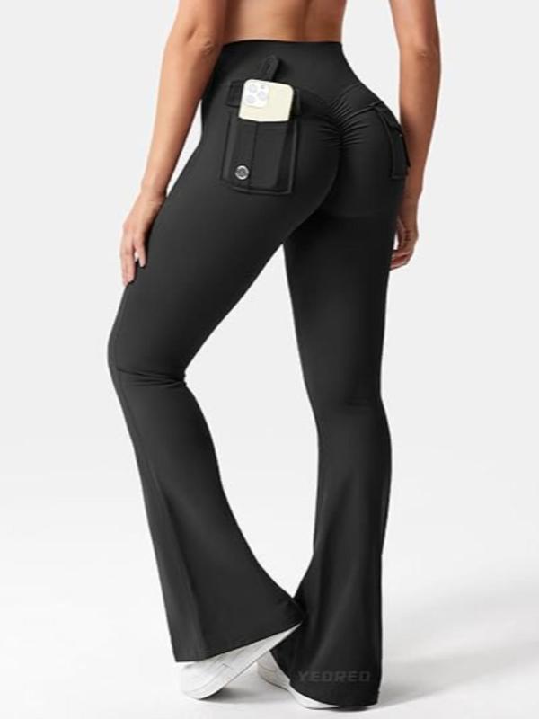  Solid Pocket Flare Leg Pants, Elegant Comfy Bell Bottom Trousers for Daily Outdoor Wear, Women's Bottoms for All Seasons