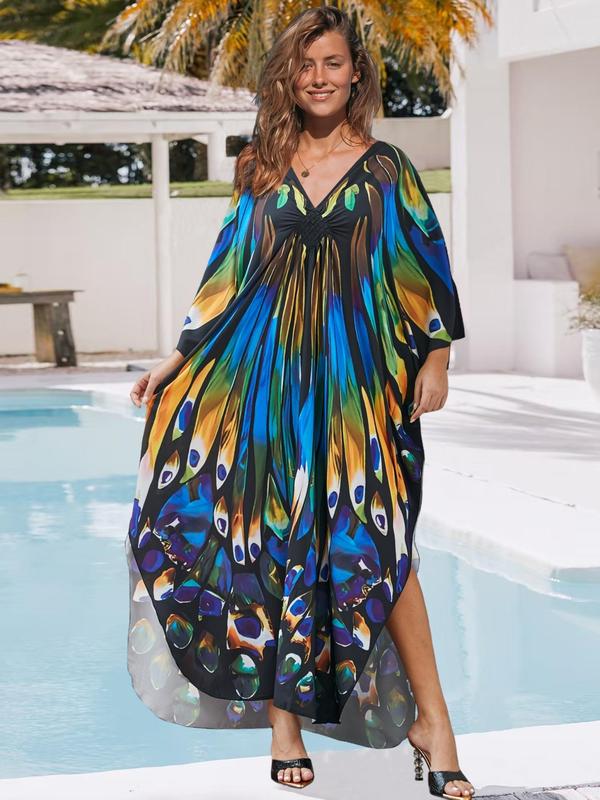 Plus Size Butterfly Print Split Side Kaftan Dress, Boho V Neck Batwing Sleeve Long Dress for Beach Holiday Vacation, Women's Clothes for All Seasons