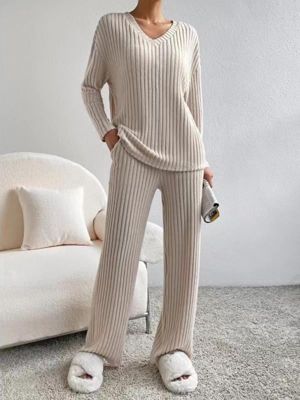 Women's Solid Drop Shoulder Ribbed Lounge Set, Casual Comfy Long Sleeve V Neck Top & Elastic Waist Pocket Pants Pajama Set, Women's Sleepwear for Fall & Winter