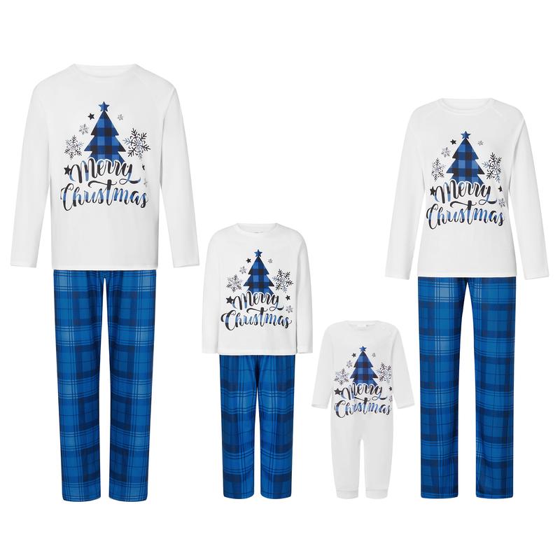 Family Matching Christmas Pajamas, Christmas Tree&Letter Print Long-Sleeved Tops + Plaid Trousers Sleepwear Outfits Pants Womenswear