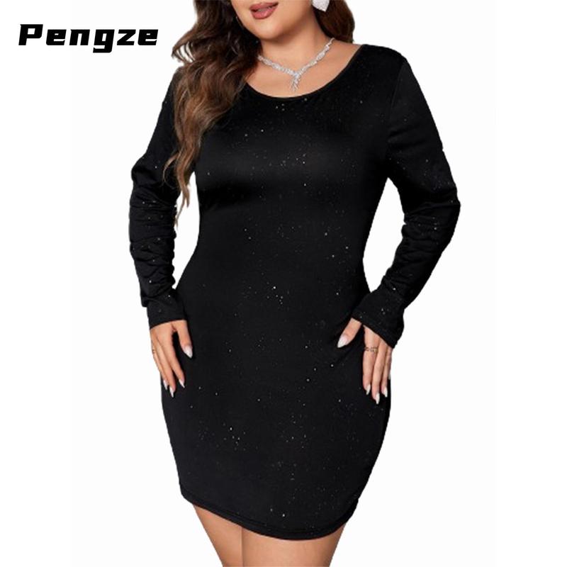 Women's Plus Size Dress Sparkly Bow Back Round Neck Long Sleeve Backless Bodycon Dress for Party Club