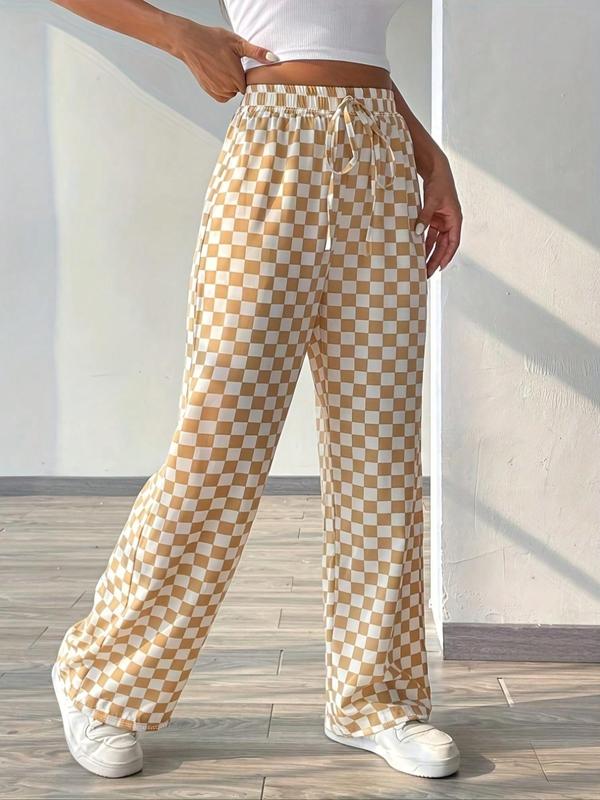 Women's Plaid Print Tie Front Elastic Waist Straight Leg Pants, Casual Comfy Pocket Trousers for Daily Wear, Ladies Bottoms for All Seasons