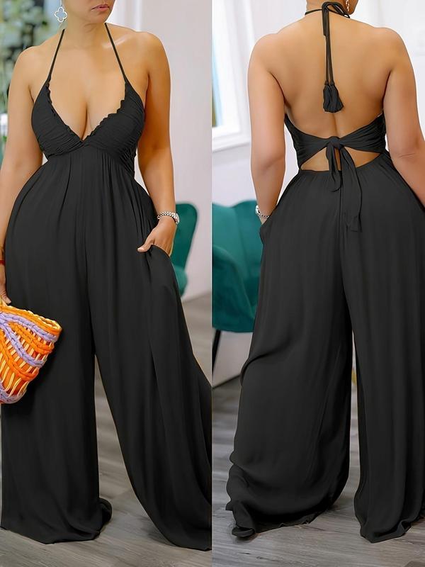 Women's Solid Ruched Halter Tie Back Jumpsuit, Casual Backless Wide Leg Jumpsuit for Summer, Women's Clothing for Daily Wear