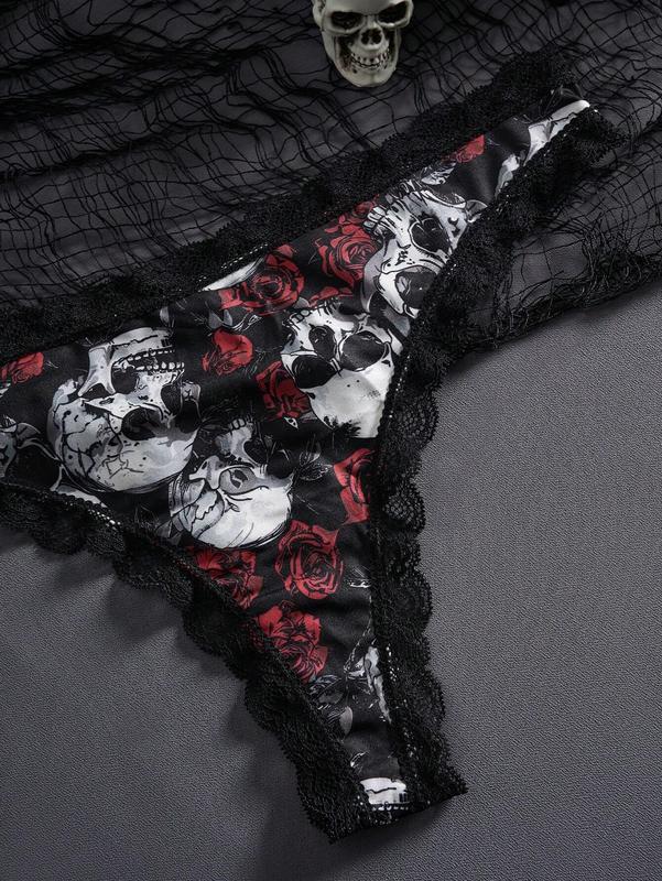 3pcs Set Exotic-Goth Women Low Waist Printed Thong Panties With Contrasting Lace Trim