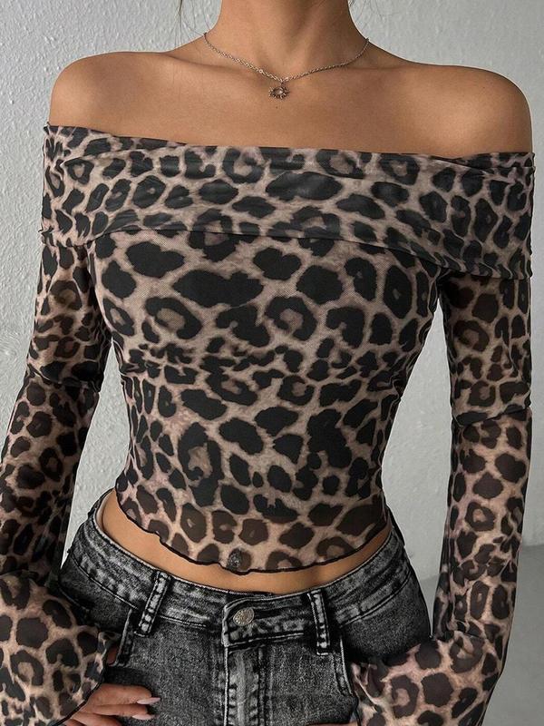 Women's Leopard-Print Off Shoulder Mesh Tee, Fashion Casual Long Sleeve T-shirt for Daily Outdoor Wear, Women Clothing for Spring Fall