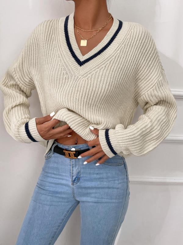 Women's Striped Trim Drop Shoulder V Neck Sweater, Loose Long Sleeve Jumper Pullover Tops, Fall Sweaters for Women, Autumn Fashion Clothes Knitwear, Comfort Longsleeves Womenswear, Downtown Girl Clothes