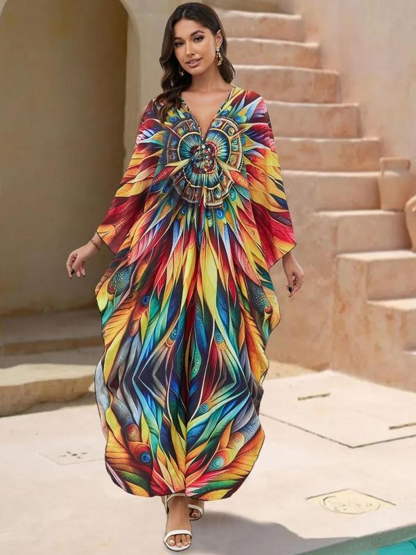 Plus Size Butterfly Print Split Side Kaftan Dress, Boho V Neck Batwing Sleeve Long Dress for Beach Holiday Vacation, Women's Clothes for All Seasons