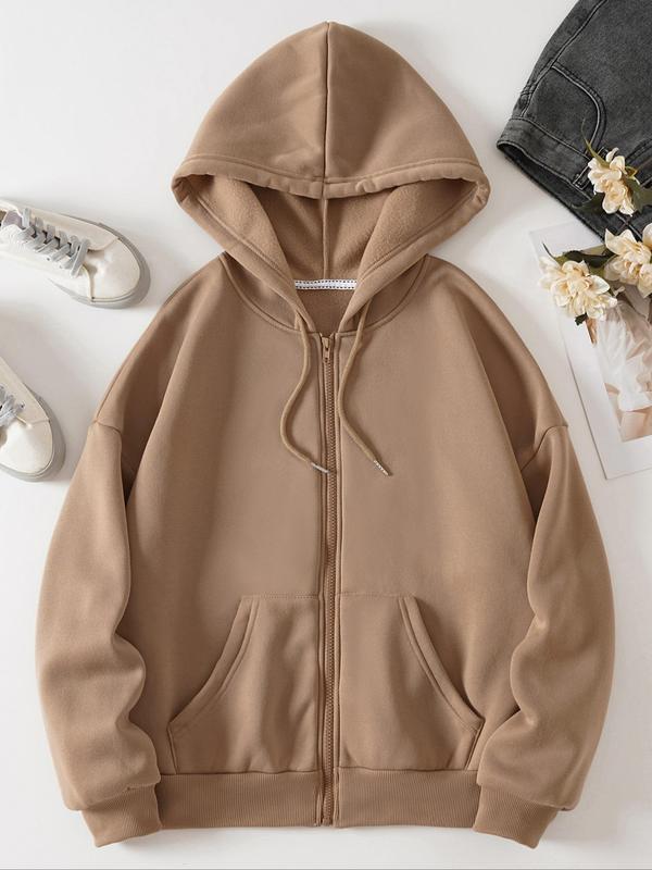 Women's Solid Kangaroo Pocket Zip Up Hoodie, Womenswear, Casual Minimalist Longsleeves Hooded Sweatshirt Outerwear for Fall Daily Wear, Comfort Basic Tops for Lady, Please Purchase A Size Up Green Hoodie Girl