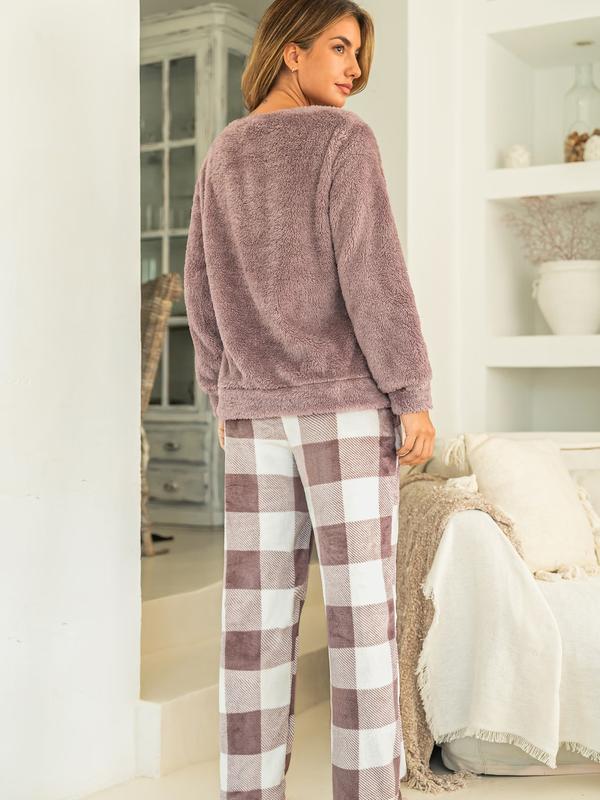 Pink Fuzzy Knit Sweater & Plaid Pants Pajama Set- Upgrade Your Wardrobe - Trendy Women's Fashion Deals