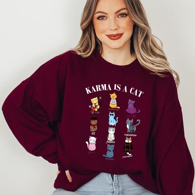 Karma Is A Cat Sweatshirt, Music Albums As Books Sweatshirt, Taylor Eras Cat Lover Sweatshirt