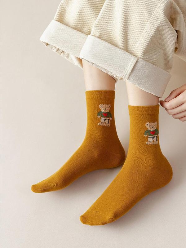 Women's 7 Pairs Cartoon Bear Print Crew Socks, Cute Comfy Mid-calf Socks for Daily Wear, Women's Socks for All Seasons