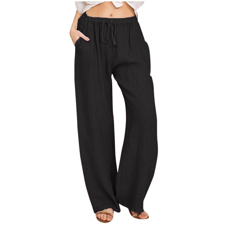 plus Size Women's Elastic Waist Long Linen Leisure Loose-Fitting Wide-Leg Trousers Women