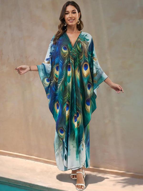 Plus Size Butterfly Print Split Side Kaftan Dress, Boho V Neck Batwing Sleeve Long Dress for Beach Holiday Vacation, Women's Clothes for All Seasons