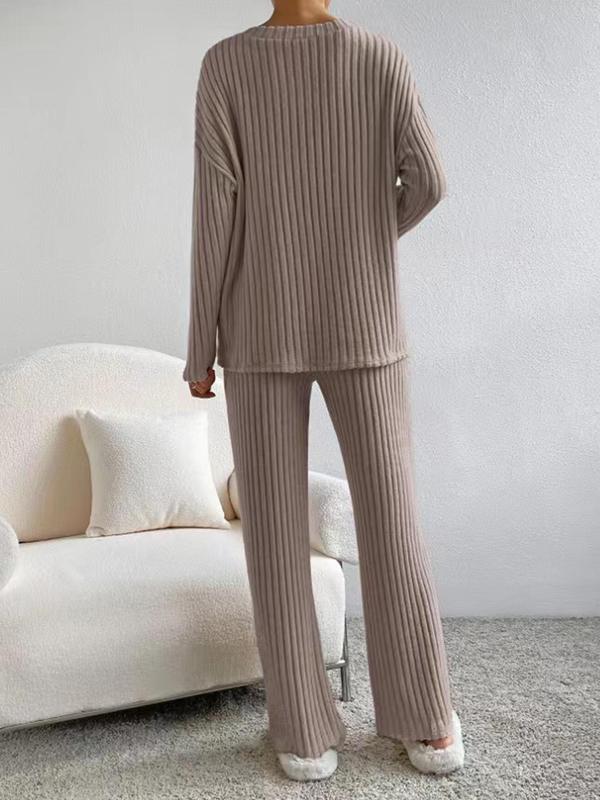 Women's Solid Drop Shoulder Ribbed Lounge Set, Casual Comfy Long Sleeve V Neck Top & Elastic Waist Pocket Pants Pajama Set, Women's Sleepwear for Fall & Winter