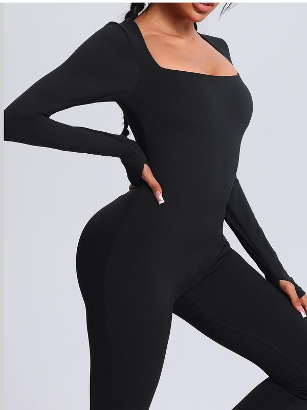 Long Sleeve Jumpsuits for Women Square Neck Wide Leg Full Length Romper Playsuit Flare Jumpsuits for Women